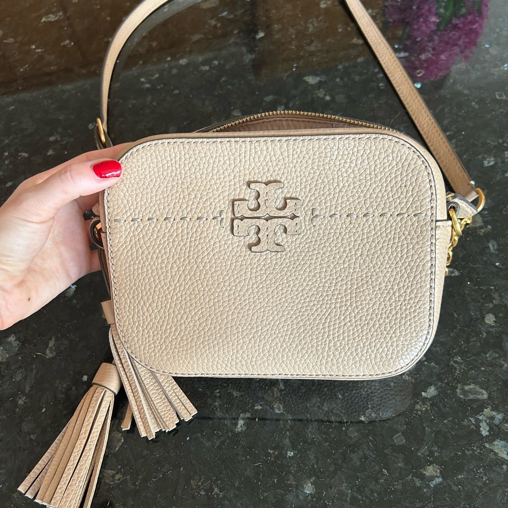 Tan beige with gold Tory Burch leather cross body bag